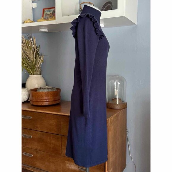 Michael Kors Navy Blue Ruffle Shoulder Sheath Viscose Blend knit Dress Size S - Picture 3 of 9